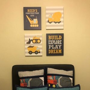 Painted construction theme canvases. Will sell as a lot.